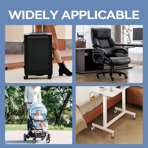 Silicone Luggage Wheel Covers 8 Pack Noise Reducing Shock Absorbing Wheel Protectors showing usage on suitcase, chair, cart.