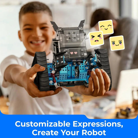 mBot2 Rover STEM Coding Robot Kit For AI Learning, Aluminum Robot With Sensors For Easy To Advanced Projects, Control With Smartphone Or Gamepad Or Auto-Program, Bluetooth And Wifi Enabled, Learn Block-Based To Python Coding, Perfect For Classrooms And child holding blue aluminum robot