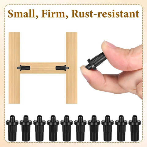 20 Piece Set Of Black Spring Loaded Cabinet Damper Pins Straight Action Hinge Rods For Door Repairs And Floating Shelves Sturdy Grip Hardware No Sweat Fix being inserted into wooden frame.
