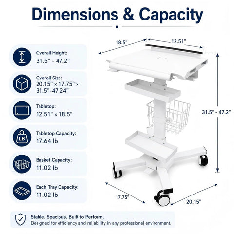 Dimensions of the Legit Anti Theft Medical Laptop Cart With Smooth Height Adjustments and Built In Scanner Bracket.