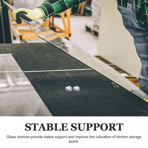 Worker handling glass with 4-Pack Glass Shelf Support Clips For 8-10mm Shelves, Zinc Alloy Fixed-Thickness Mounting Clamps visible.