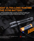 Beefy 2800 Lumen Tactical Flashlight with 21700 battery, 590+ yd beam, on tactical gear backdrop, includes LumenTac Organizer