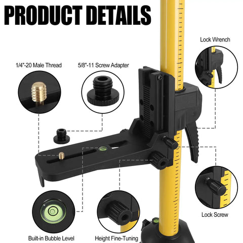 Telescoping Laser Level Pole With Tripod Kit For Accurate Job Site Layout 12 Ft Extendable Pole With Four Sections And Tail Rod Easy Height Adjustment From Floor To Ceiling Mountable Laser Tool Stand, with adapters and bubble level