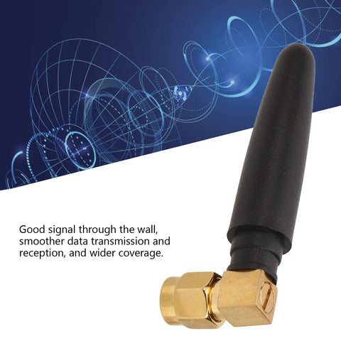Beefed-Up High Gain Glue Stick Antenna For IoT Gateways And Smart Devices, Directional SMA Male Inner Pin, Long Range Antenna on graphic background.