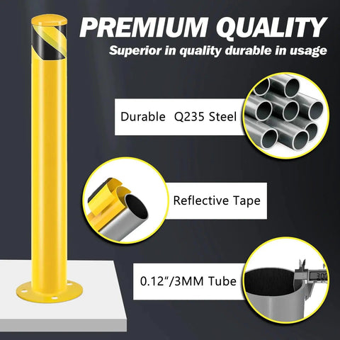 Heavy Duty Steel Safety Bollard Posts With Anchor Kit For Parking Barriers And Driveways Built Like A Tank For Rock Solid Outdoor Vehicle Protection In Bright Yellow, featuring durable Q235 steel, reflective tape, and 0.12" tube.