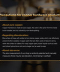 Sign reading Precautions for copper hardware products; black panel with gold text and an orange border.