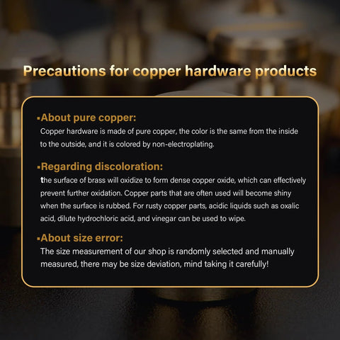 Sign reading Precautions for copper hardware products; black panel with gold text and an orange border.