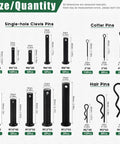 Black Stainless Steel Cotter Pin Kit With 100 Pieces showing sizes and quantities for clevis pins, cotter pins, and hair pins in chart format
