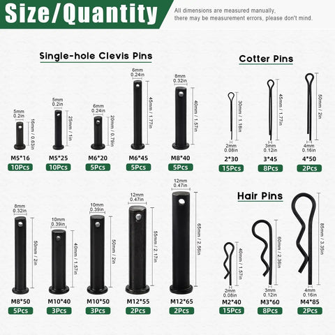 Black Stainless Steel Cotter Pin Kit With 100 Pieces showing sizes and quantities for clevis pins, cotter pins, and hair pins in chart format