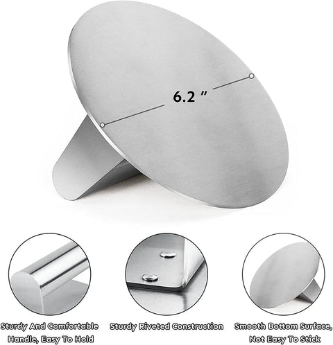 Stainless Steel Burger Press Round 6.2 Inch Smasher with sturdy handle and smooth bottom for flat top griddles and grills.