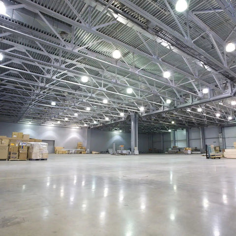Warehouse lit by 315W Equivalent PAR38 LED Flood Light Bulb 4300 Lumens Daylight 5000K Non Dimmable Outdoor Full Glass