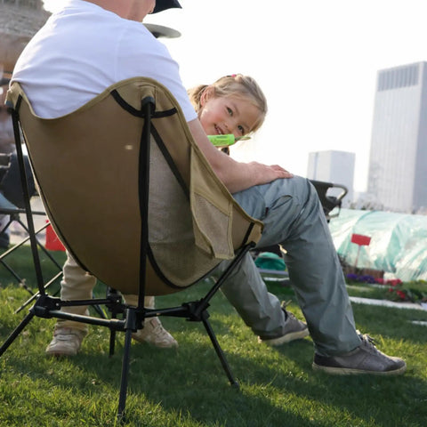Grab-And-Go Lightweight Camping Chair For Adults Folding Portable Chair with child sitting on grass