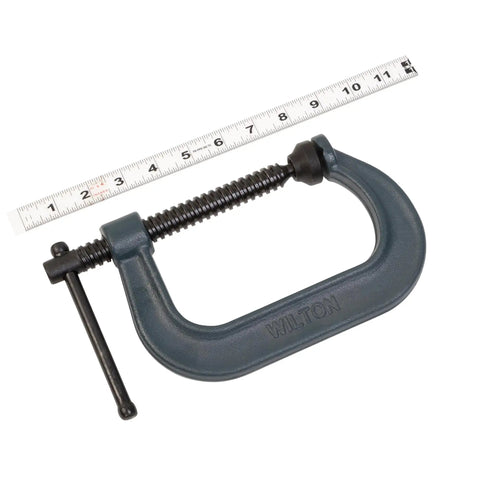 Beefy C Clamp With Four And A Quarter Inch Opening And Three And A Quarter Inch Throat, 6200 Lb Clamping Force, Drop-Forged Frame, Smooth ACME Spindle, V-Groove Anvil, Black Oxide Finish, Model 404 with ruler