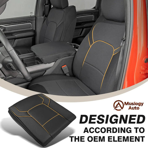 Interior view of Dodge Ram truck showcasing center console with vegan leather armrest cover; designed for 2019-2026 bucket seats.