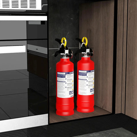 Two ABC Fire Extinguisher For Home And Vehicle With Quick Release Handle Dry Chemical Fire Safety in kitchen cabinet