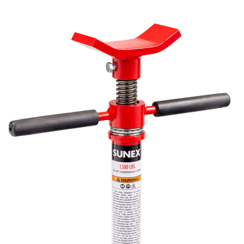 Close-up of Short Underhoist Support Stand 1500 Lb Capacity Adjustable Height Range For Engine Swap And Suspension Work Fits Two Post Lifts Garage Wrenching.