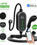 Premium 3600W Portable EV Charger With Smart App Control And 33 FT Type 2 To J1772 Cable with display and phone connection.