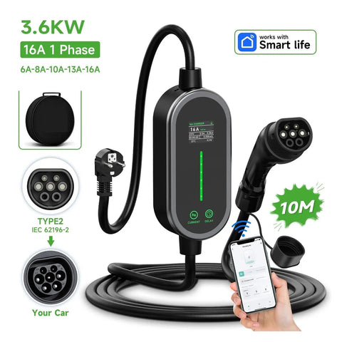 Premium 3600W Portable EV Charger With Smart App Control And 33 FT Type 2 To J1772 Cable with display and phone connection.