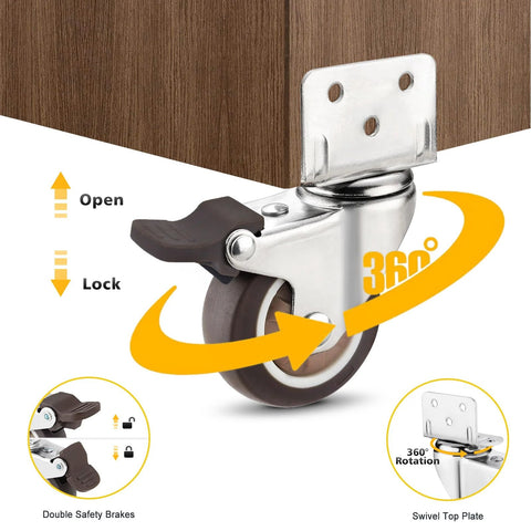 1.5 Inch Swivel Plate TPE Caster Wheels Pack Of 4 With Brake Low Profile L Bracket Casters for cribs, tables, and TV stands.