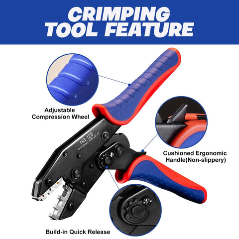 Pro Grade Crimping Tool Set With Ratchet Wire Crimper And 6 Interchangeable Dies showing ergonomic handle and features