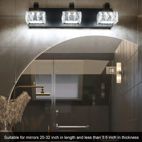 Three Light Black Brass Vanity Light For Bathroom Mirror LED Wall Fixture With Crystal Lampshades, mounted over mirror