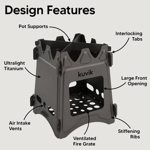 Titanium Wood Stove Ultralight And Compact For Backpacking With Collapsible 0.2 Inch Thick Design showcasing features.