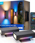 Totally Transform Your Patio With These Smart Outdoor Wall Lights Featuring Smooth Rgbicww Color Swaps And Sleek Top And Bottom Glow In A Tough 2 Pack Design Serving A Dang Good 1200 Lumen Kick For Any Front Porch Or Backyard Setup. Two black sconce lights with RGBIC color effects.