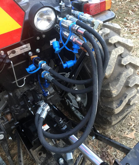 Tractor hydraulic remote 6-port diverter valve (manual) with blue fittings and hoses