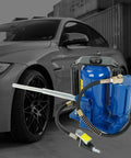 Heavy Duty 20 Ton Pneumatic Air Hydraulic Bottle Jack With Manual Hand Pump For Auto And Truck Repair Lift Blue tool beside car