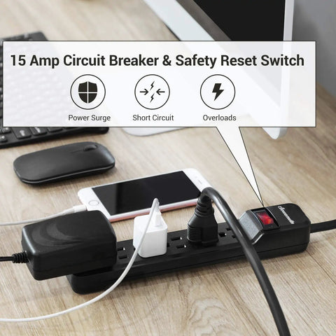 25 Ft Power Strip Surge Protector With 6 Outlets And Low Profile Flat Plug Heavy Duty 15 Amp Circuit Breaker 500 Joules Wall Mount Ready UL Listed For Home Entertainment And Office Setups Tangle Free with 15 amp circuit breaker switch