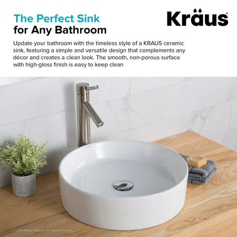 Elavo Round Vessel White Porcelain Ceramic Bathroom Sink 18 Inch on wooden counter with faucet and plant