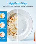 Self Contained Countertop Dishwasher With Built In Water Tank And Gentle Baby Care Mode showing before and after high-temp wash on a dirty plate.