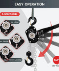Creworks lever chain hoist, 3-ton capacity, front view with galvanized G80 chain and swivel hook