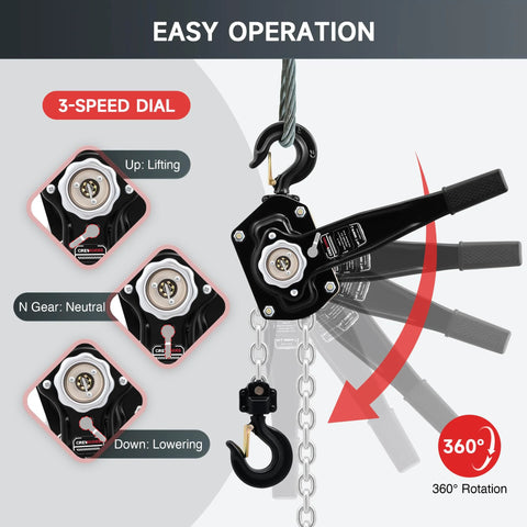 Creworks lever chain hoist, 3-ton capacity, front view with galvanized G80 chain and swivel hook