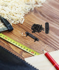 24 Piece Stainless Steel Black Straight Brackets For Wood Furniture with screws, tape measure, and woodworking tools on table