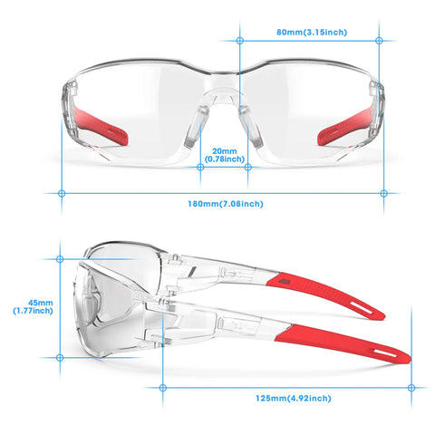 Tough As Nails Clear Safety Glasses Featuring Scratch Resistant Lenses And ANSI Z87 Certification for heavy workshop labor, clear lenses with red frames.