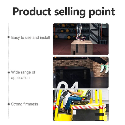 Images showing product selling points: easy installation, wide application, strong firmness, featuring jumping blocks and machinery.