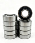 Sweet 10 Pack Of 6202-2RS Deep Groove Ball Bearings In 15x35x11mm Size That Are Double Rubber Sealed Chrome Steel Gems Perfect for Motoring Scooters And Industrial Machinery To Keep Things Spinning Smooth And Dust Free stacked in a row.