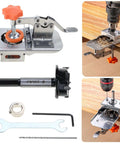 Montesy 35mm hinge boring jig set in stainless steel with orange knob, drill guide, bits, wrench and hex key