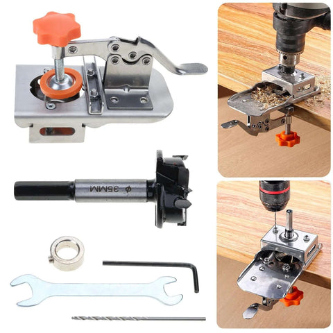 Montesy 35mm hinge boring jig set in stainless steel with orange knob, drill guide, bits, wrench and hex key