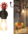 Water Pipe Wall Light Fixture Vintage Steampunk Sconce with plug-in cord in cafe setting, showcasing industrial design with Edison bulb.