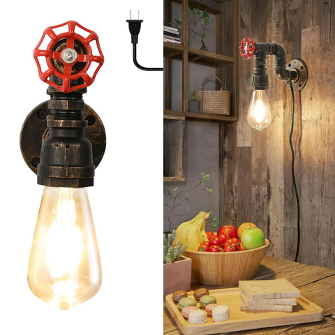 Water Pipe Wall Light Fixture Vintage Steampunk Sconce with plug-in cord in cafe setting, showcasing industrial design with Edison bulb.