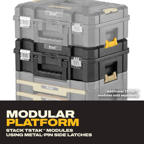 Stacked TSTAK II Flat Top Tool Box With Flexible Stacking Platforms And Holds Up To 66 Lbs showing interlocking mechanism