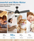 Ceiling Fan With Lights And Remote Control 48 Inch Black Finish; quiet operation with happy family and pet in background images.