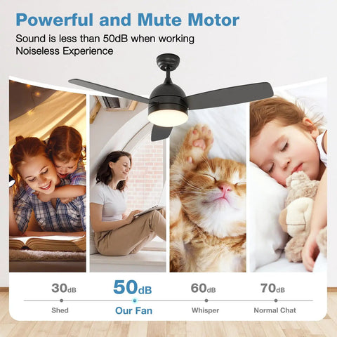 Ceiling Fan With Lights And Remote Control 48 Inch Black Finish; quiet operation with happy family and pet in background images.