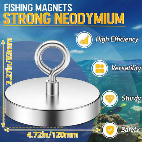 Heavy Duty Fishing Magnet Set With 1600 Lbs Pulling Power, 4.72 Inch Diameter Lifting Magnet With Eye Bolt and Neodymium Strength