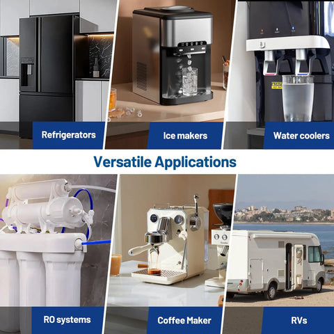 Inline Activated Carbon Block Water Filter With One Quarter Inch Quick Connect Fitting For Flexible Home Plumbing Two Pack shown in versatile applications like refrigerators and coffee makers.