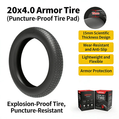20x4 Fat Bike Tire With Beefed Up Armor Protector And Inner Tube For E Bikes And Gravel Rides Puncture Proof Shield Against Glass Thorns Goatheads No Flats Long Lasting Grip For Confident Rides illustrated with tire and packaging