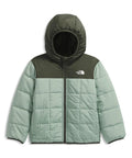 Kids Reversible Shasta Full Zip Hooded Jacket in slate moss and new taupe green, water-resistant, synthetic insulation, fleece lining