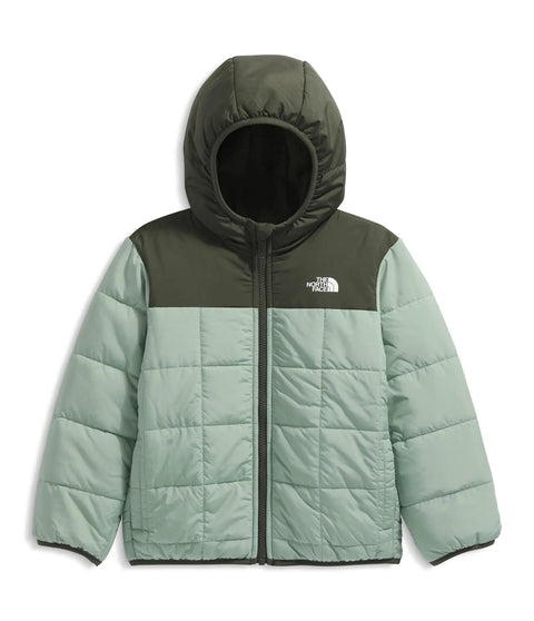 Kids Reversible Shasta Full Zip Hooded Jacket in slate moss and new taupe green, water-resistant, synthetic insulation, fleece lining